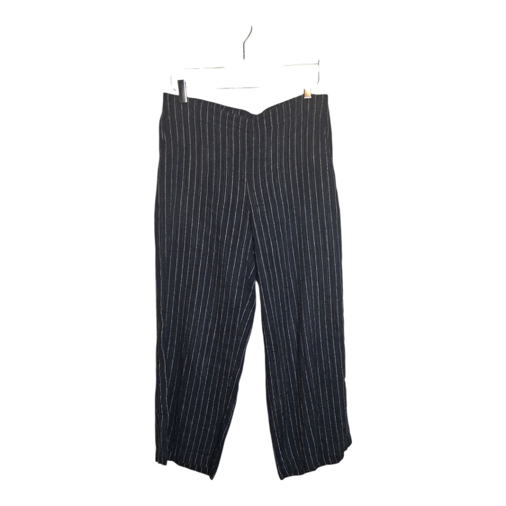 Eileen Fisher Puckered Organic Linen Blue  Pinstripe Wide Leg Pants Size SP